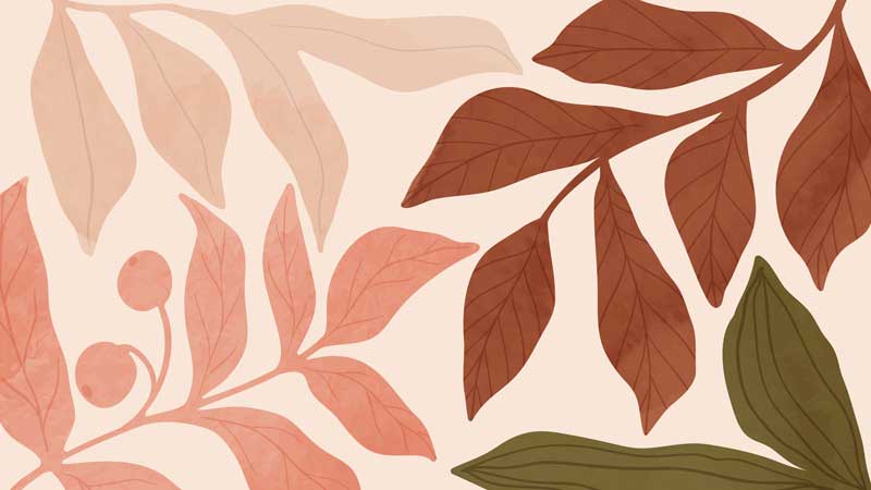 秋色のこげ茶、緑、桃色の葉の背景イラスト画像