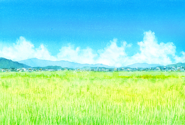 夏の田園風景の水彩画画像