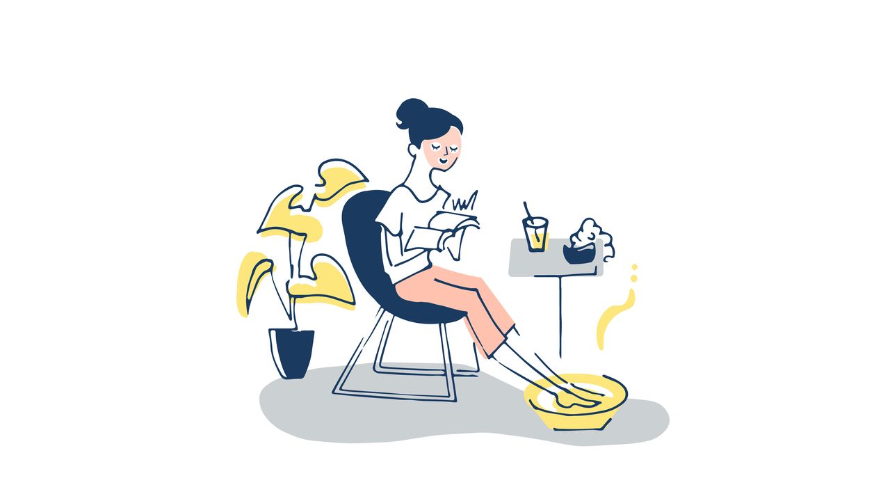バケツのお湯に両足を浸けて足湯でくつろぐ女性のイラスト