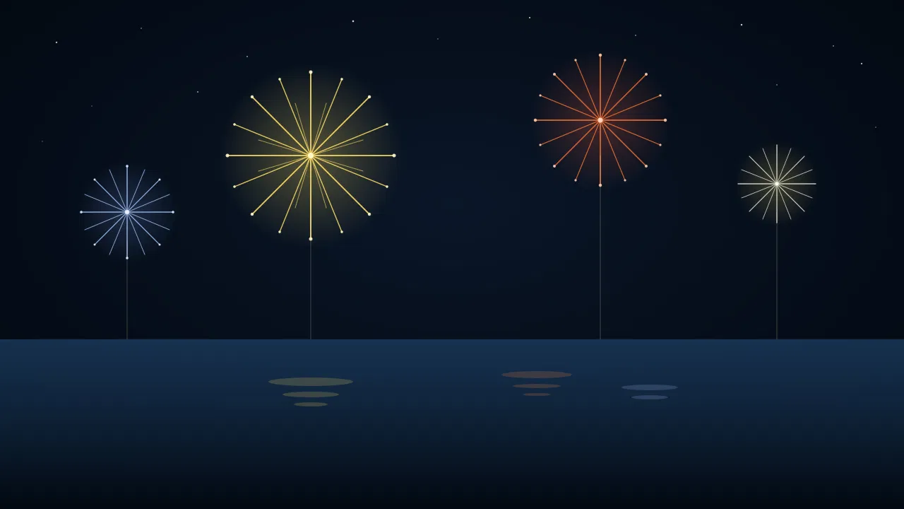深い藍色の夜空と海を背景に、金・赤橙・青白・白金の4輪の花火が大きく開いているイラスト