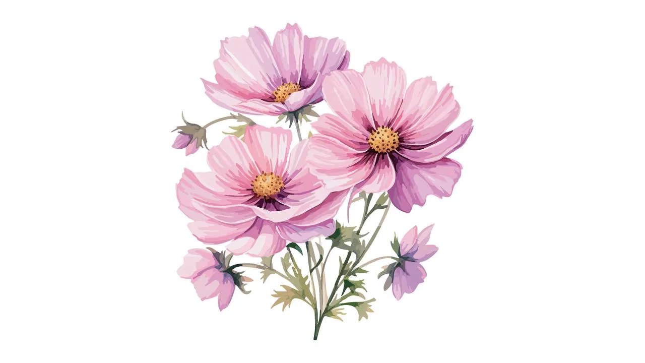 淡いピンクのコスモスの花束を描いた水彩画イラスト