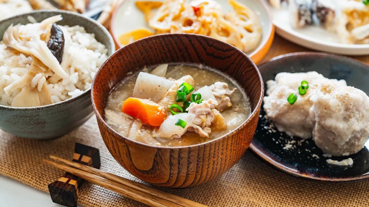 木のお椀に入った具だくさんの豚汁。にんじん、大根、豚肉、油揚げに青ねぎが散らしてある。奥にはきのこの炊き込みご飯とれんこんのきんぴら、右には里いもの小鉢が並ぶ和の食卓の写真